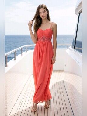 Coral Spaghetti-Strap Evening Gown with Embellished Waist